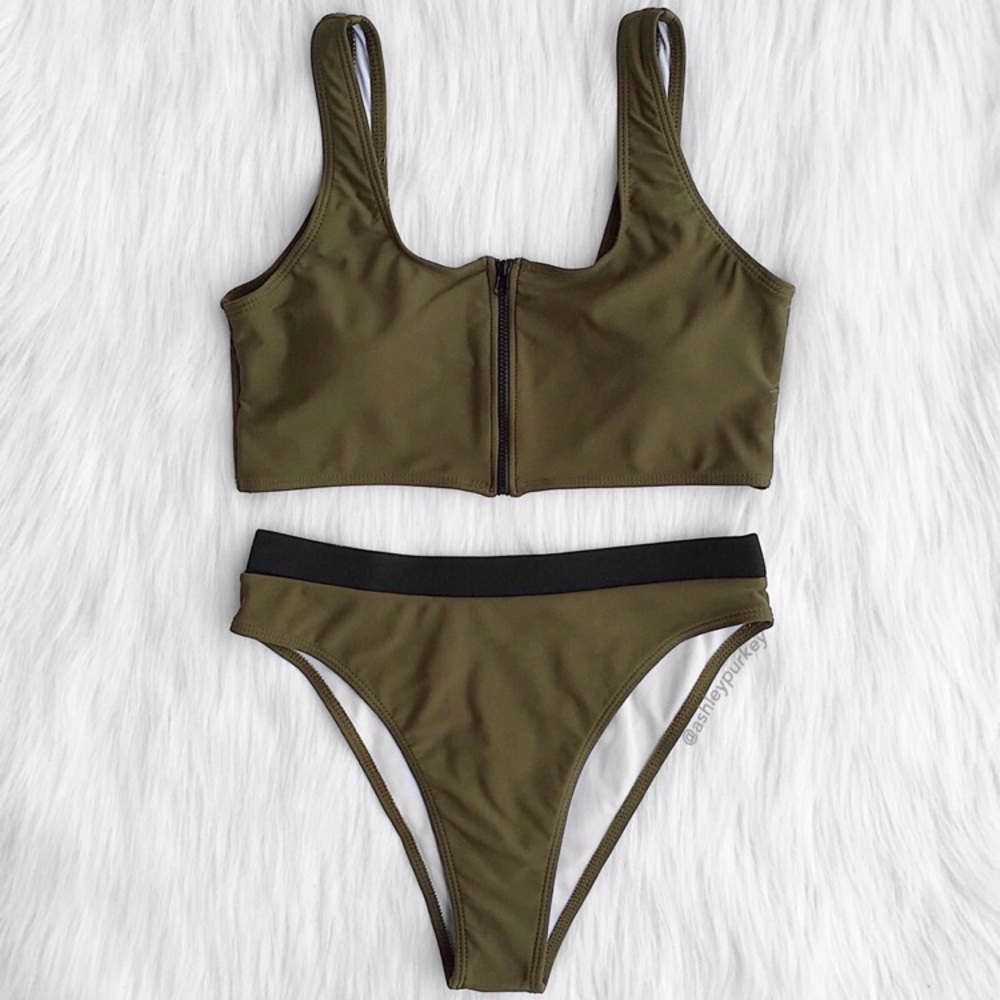 ❤️SALE❤️ Army green zip up high waisted bikini set
